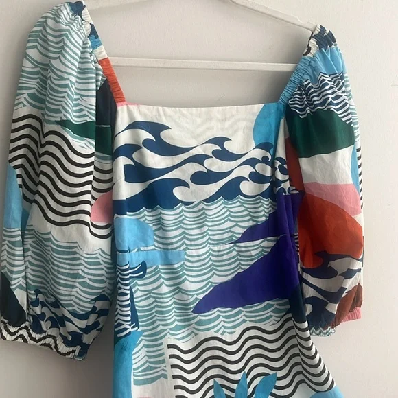 Oliphant Dress Puffed Sleeve Cutout Bow Cotton Abstract Mini Size Small - Picture 6 of 12